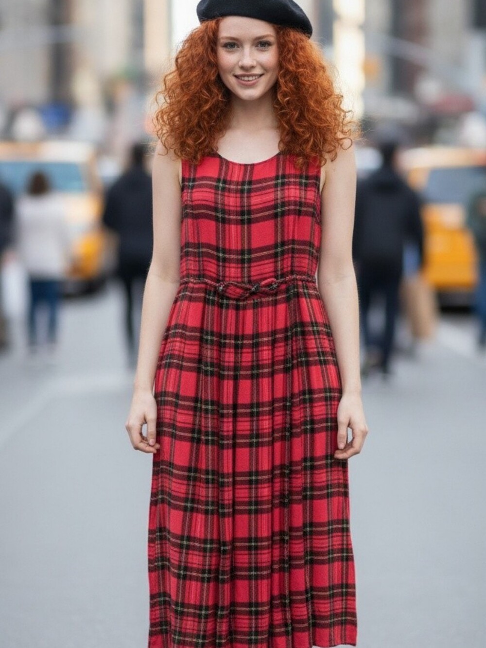 Effortless Elegance: Black Red Plaid Retro Pleated Front Dress